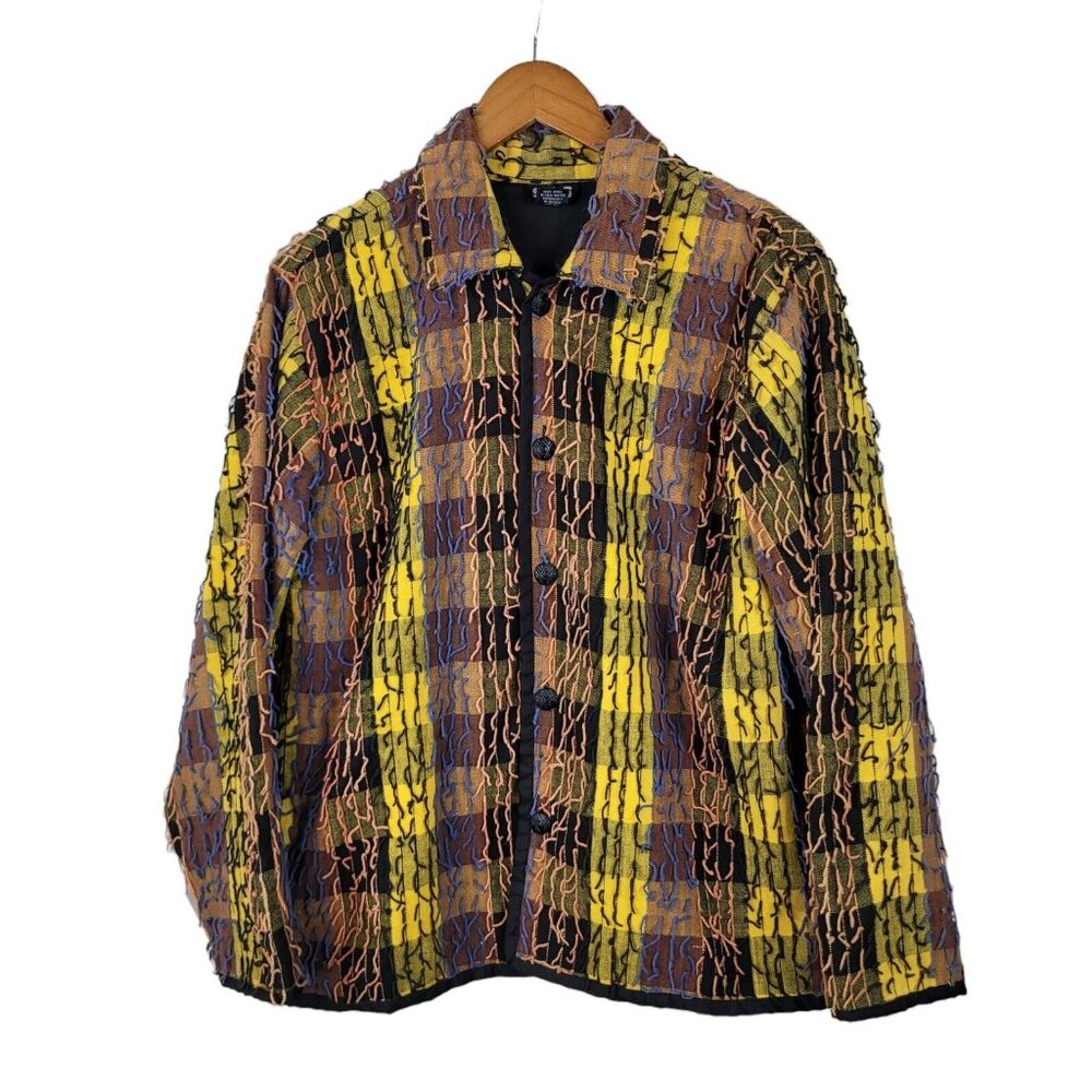 Vintage Y2K Size Large Jacket Blazer Art To Wear Fringe Yellow Brown Check Alt